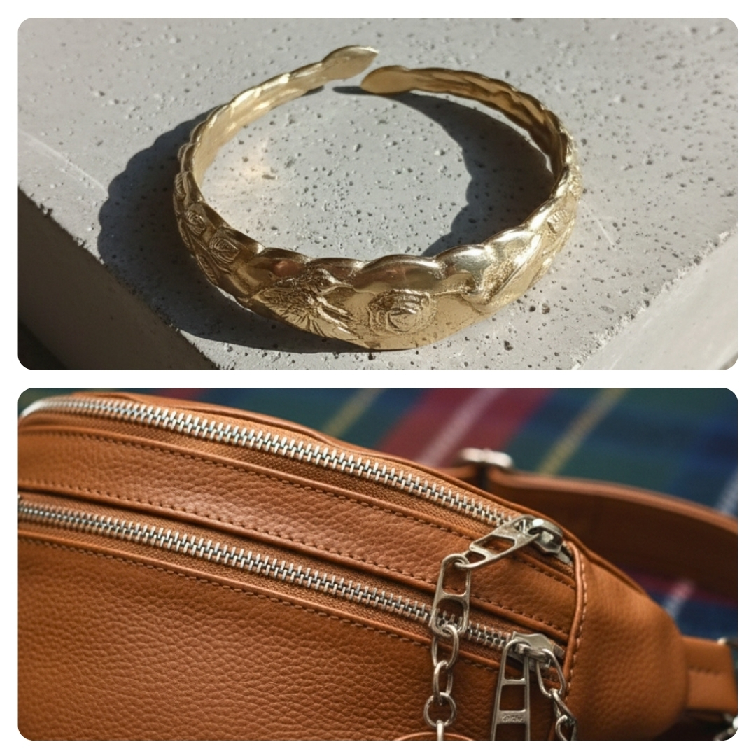 Mujer con riñonera marrón suela y brazalete en un viñedo